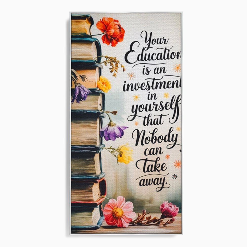 Tablou canvas cu tablou motivational cu teanc de carti si flori, in rama de aluminiu argintiu